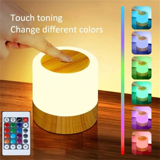 Touch Control LED Night Lamp: 7 Colors, Dimmable, Wooden. Remote Included